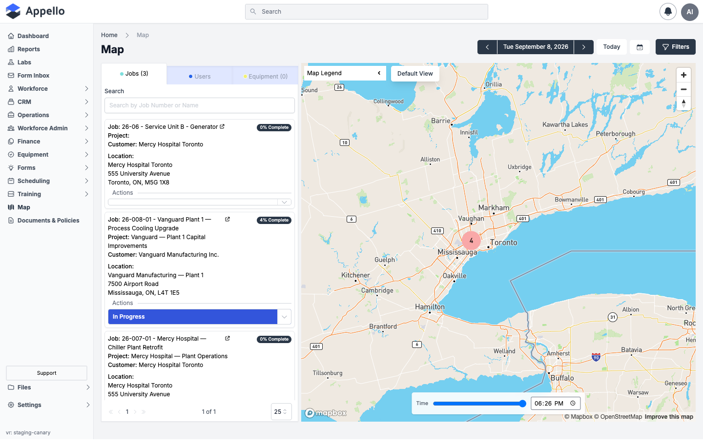 Administrative Map — Jobs tab open, showing a job-site card list and a job-site map cluster over the Greater Toronto Area