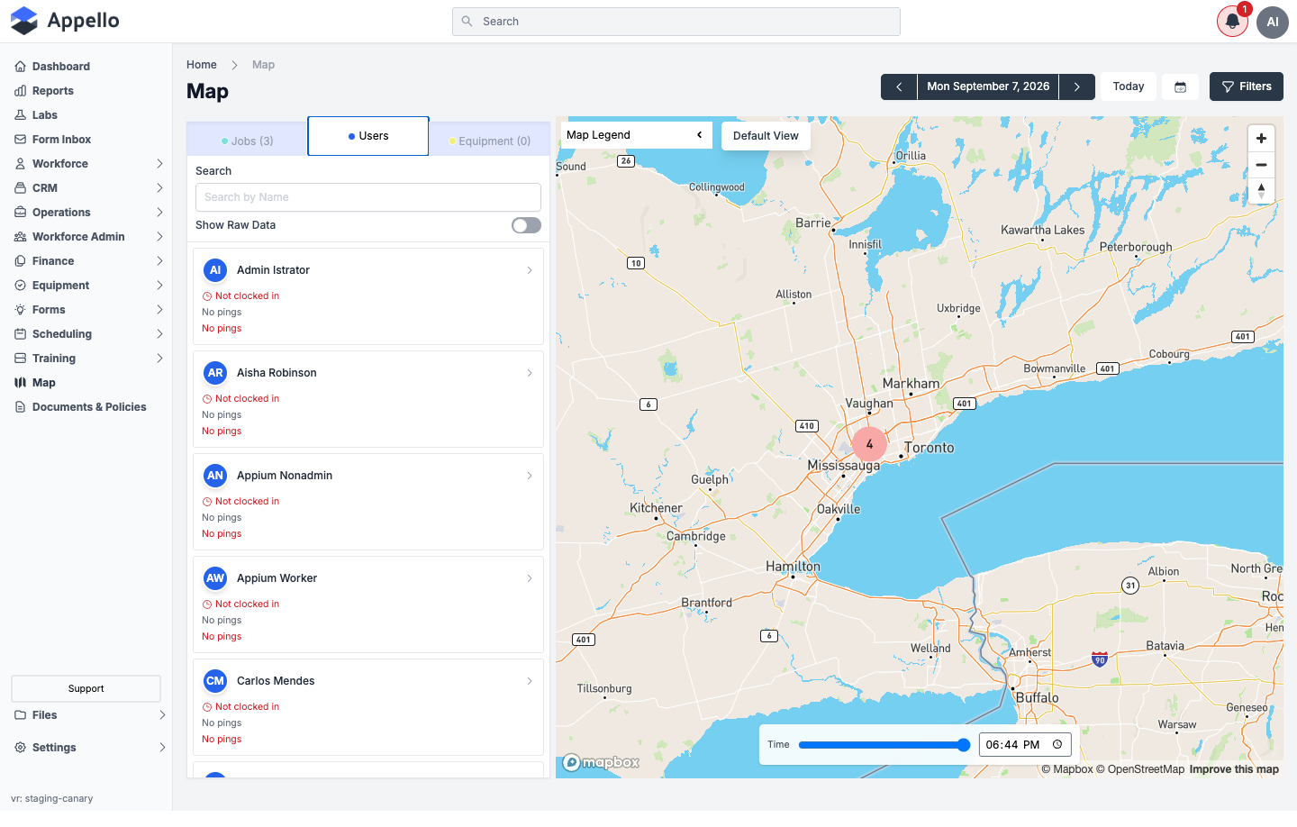 Users tab on the map, listing workers with their clock-in status and ping count, a Search by Name field, a Show Raw Data toggle, and a Time playback slider under the map