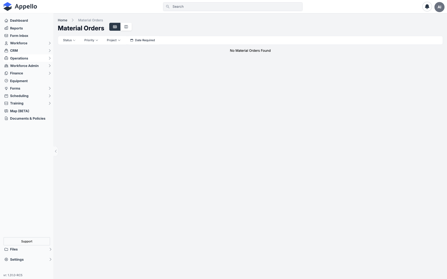 Material Orders — list of material purchase orders with supplier, status, and delivery tracking