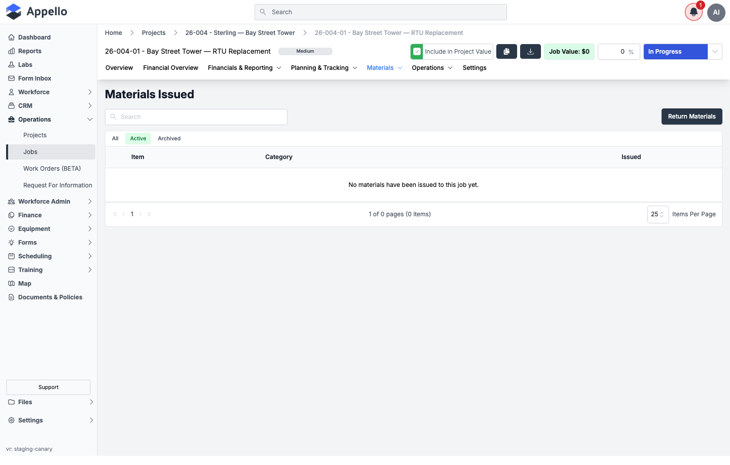 Materials Issued (BETA), shown empty on the demo instance