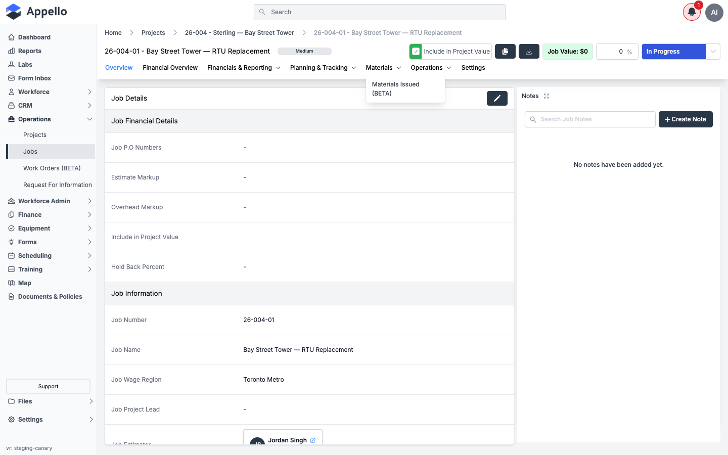 Materials dropdown — only Materials Issued (BETA) renders on this instance