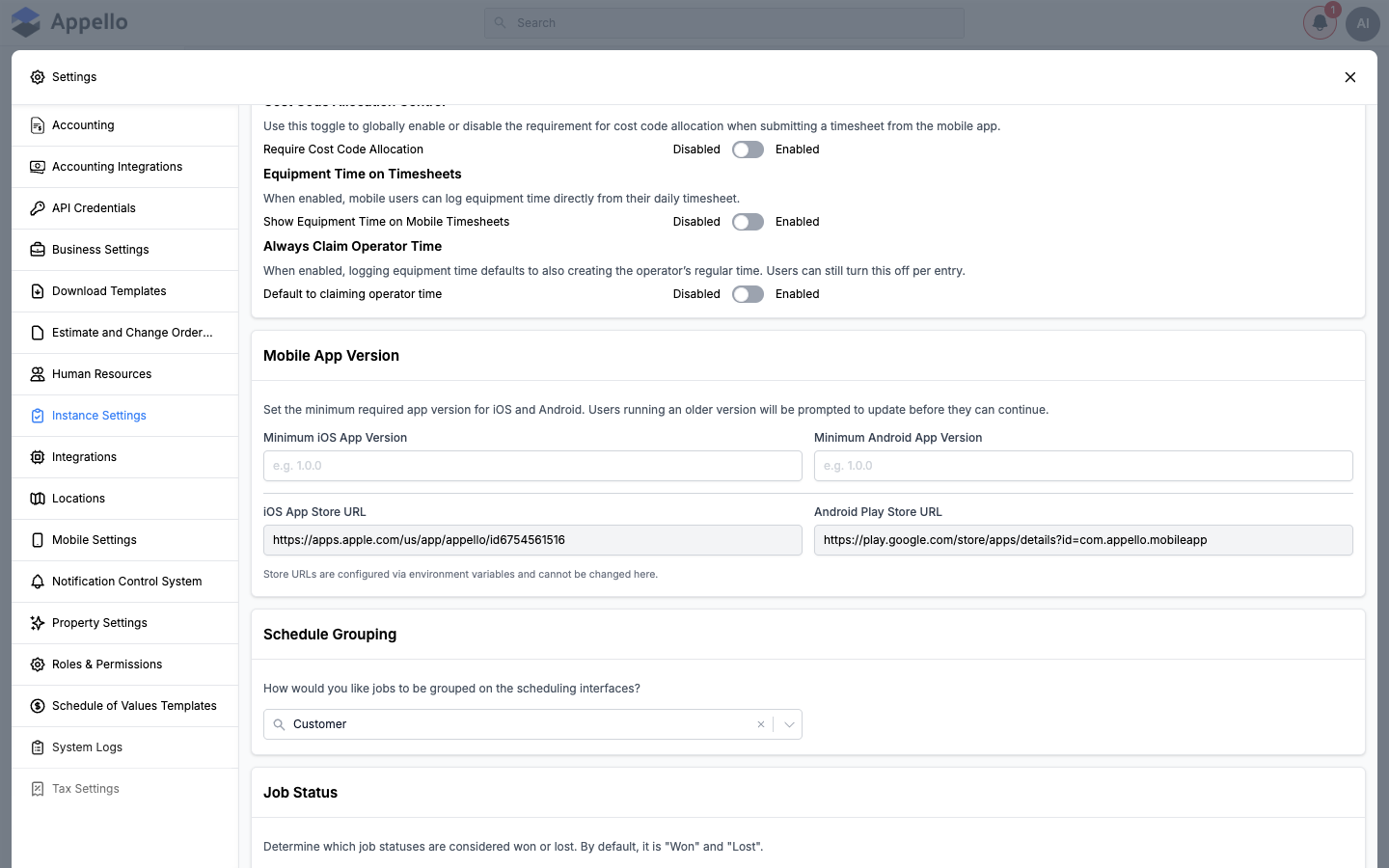 Remaining Mobile Settings toggles, Mobile App Version, and Schedule Grouping cards