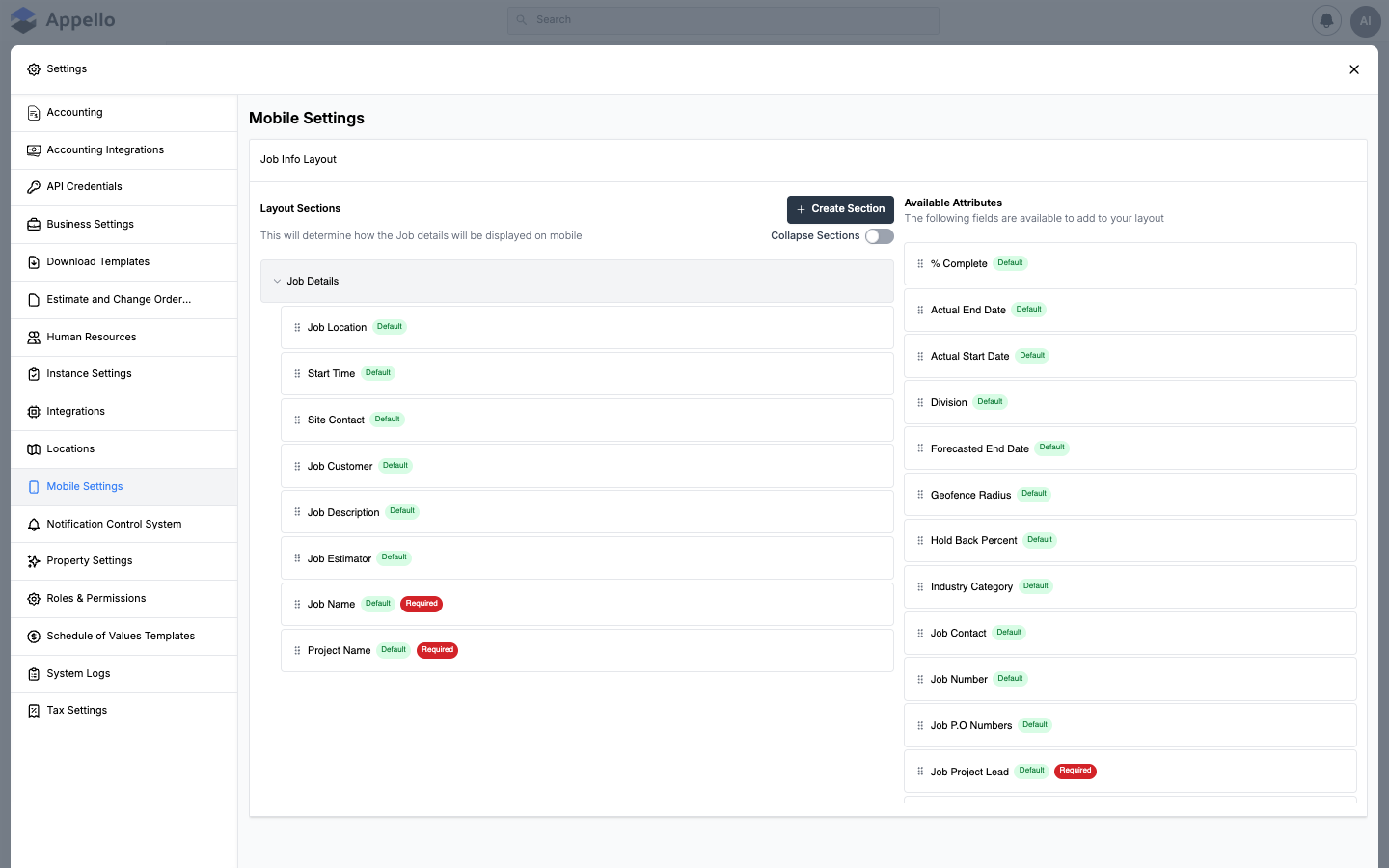 Mobile Settings — configuration for mobile app features, clock-in/out, and field worker options