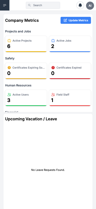 Mobile Web Dashboard — responsive mobile interface showing daily schedule, timesheets, and quick actions