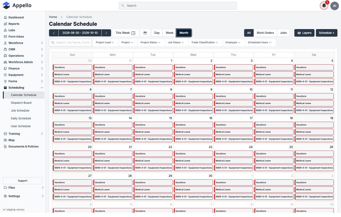 Month view of the Calendar Schedule showing a full month of assignment blocks at once