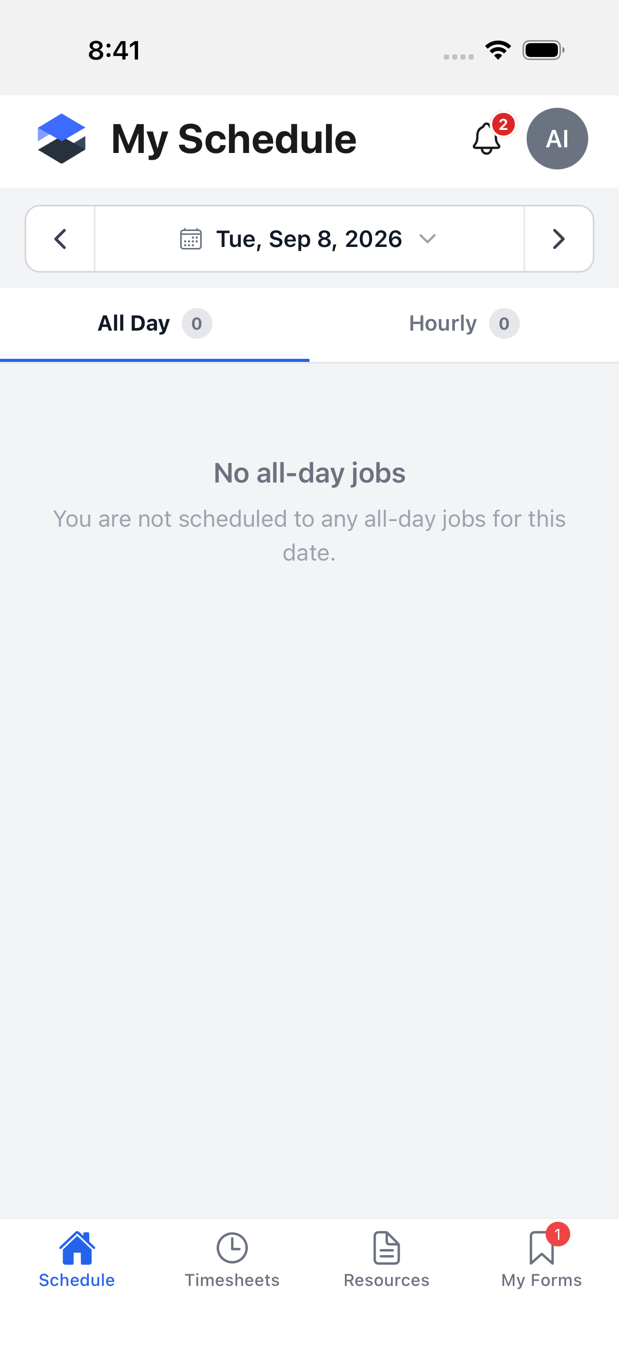 My Schedule -- All Day tab for a day with no scheduled jobs
