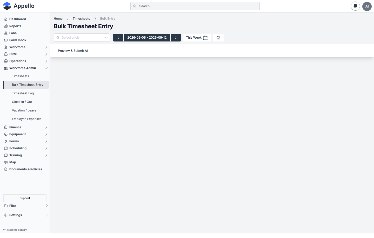Bulk Timesheet Entry with no job selected — only the toolbar and Preview & Submit All are visible