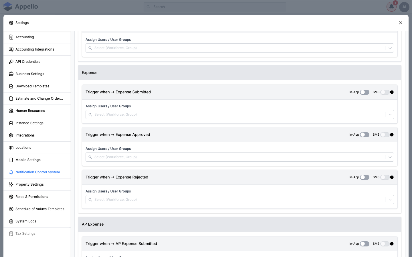Application Notification Control System — Expense and AP Expense groups, each with a Trigger when heading, In-App/SMS toggle, and an Assign Users / User Groups picker