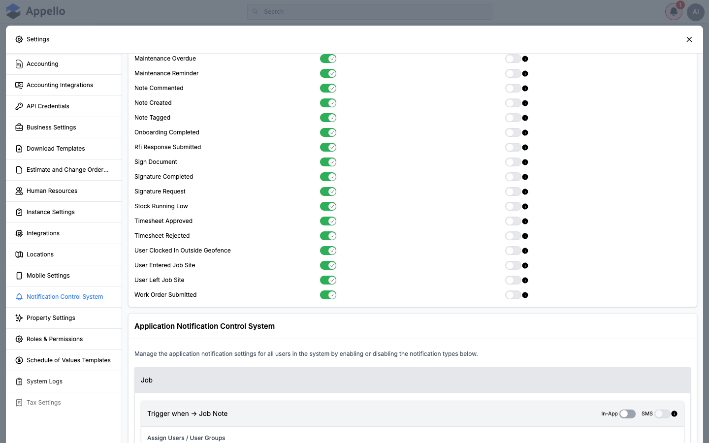 The rest of the Global Default matrix (Maintenance Overdue through Work Order Submitted) followed by the start of the Application Notification Control System, showing its first Job trigger card