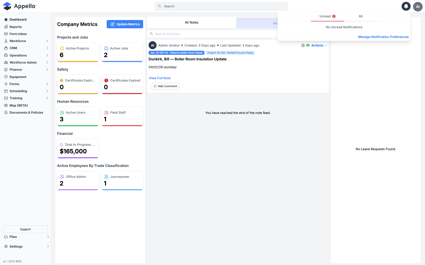 Notification Panel — in-app notification center with timesheet, scheduling, and system alerts