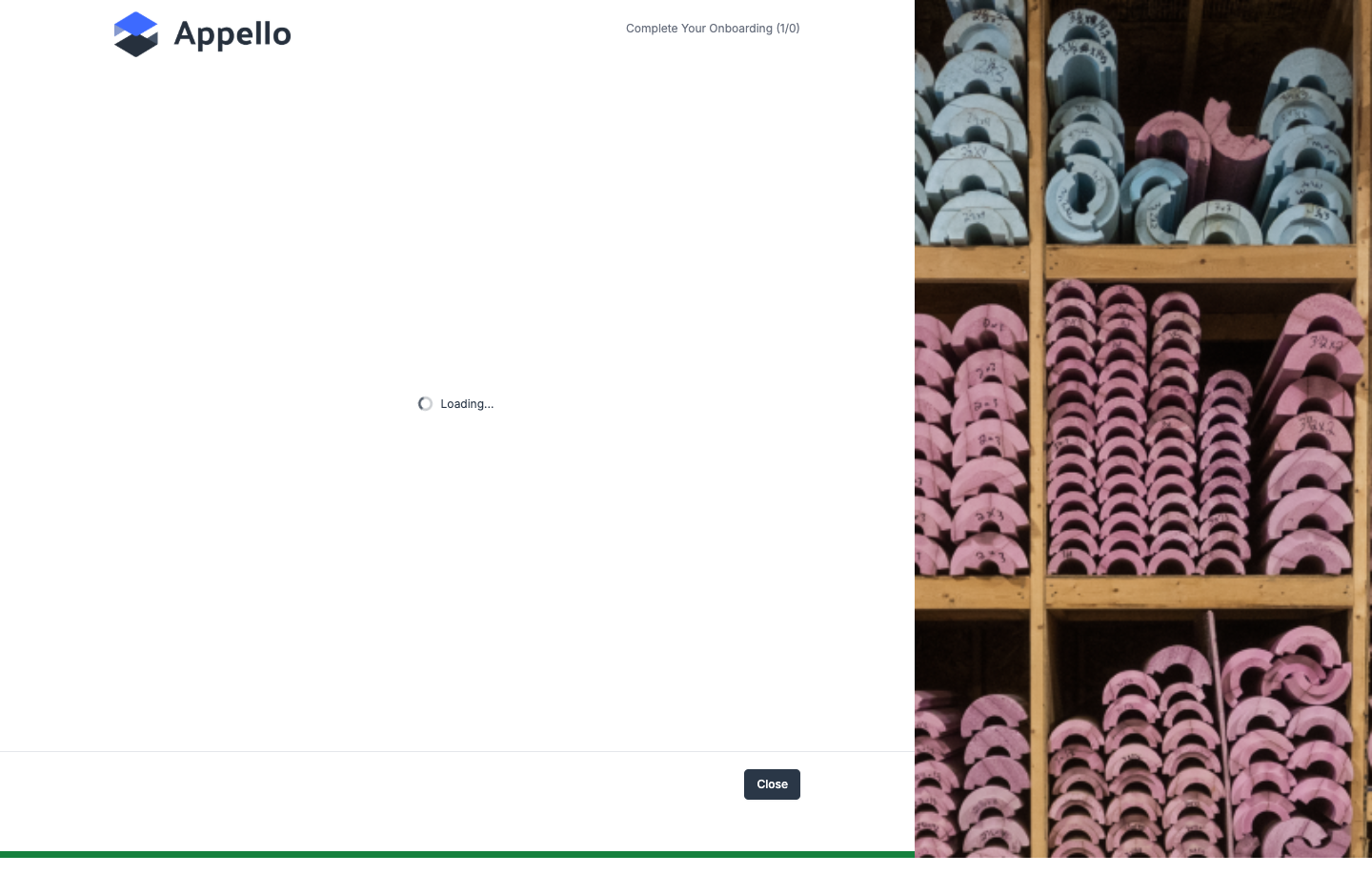 The onboarding page shell with no session -- a header reading "Complete Your Onboarding (1/0)" and a loading spinner that never resolves