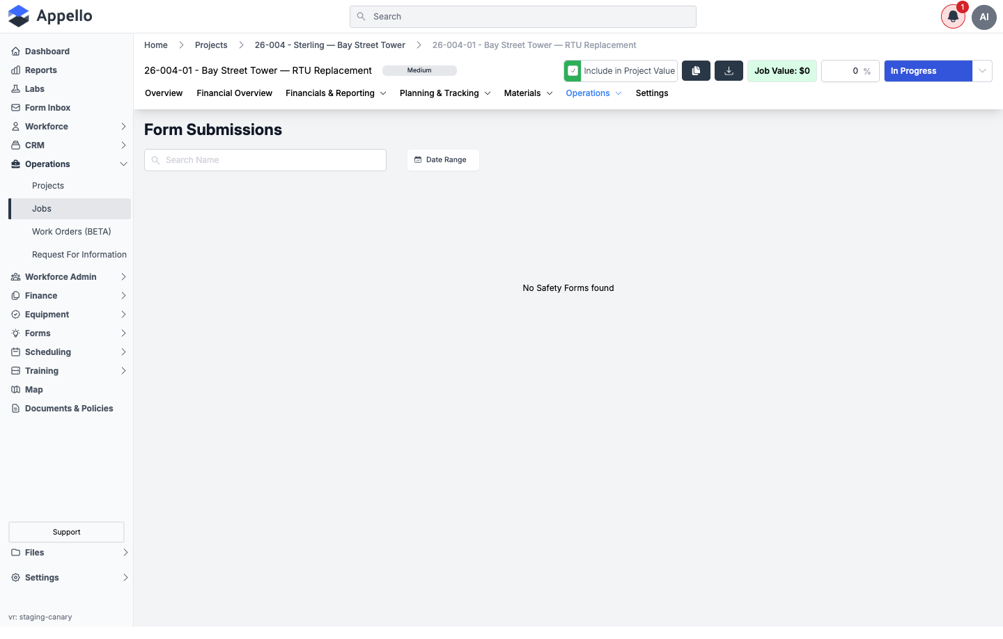 Operations — Form Submissions, shown empty on the demo instance