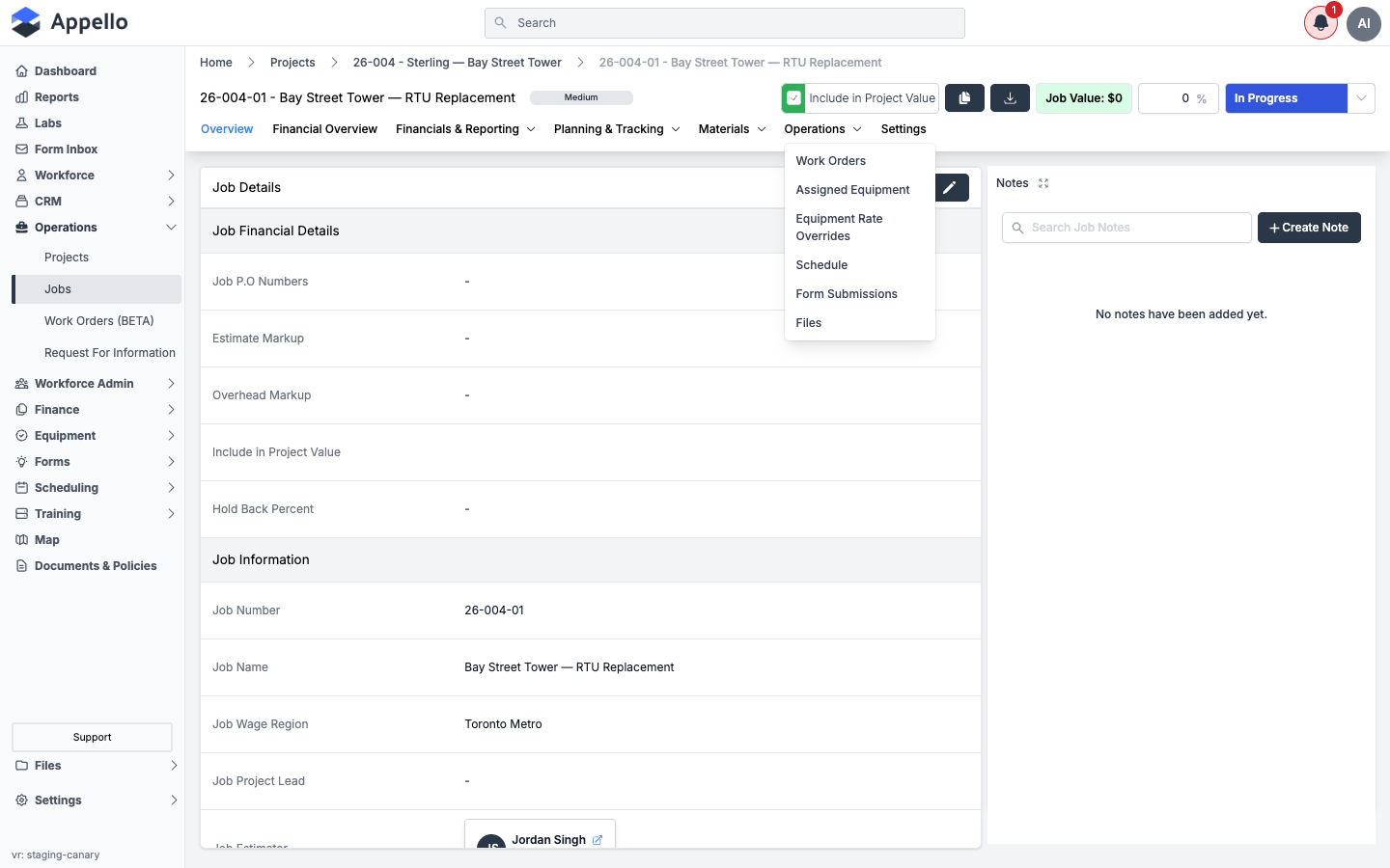 Operations dropdown — Work Orders, Assigned Equipment, Equipment Rate Overrides, Schedule, Form Submissions, Files