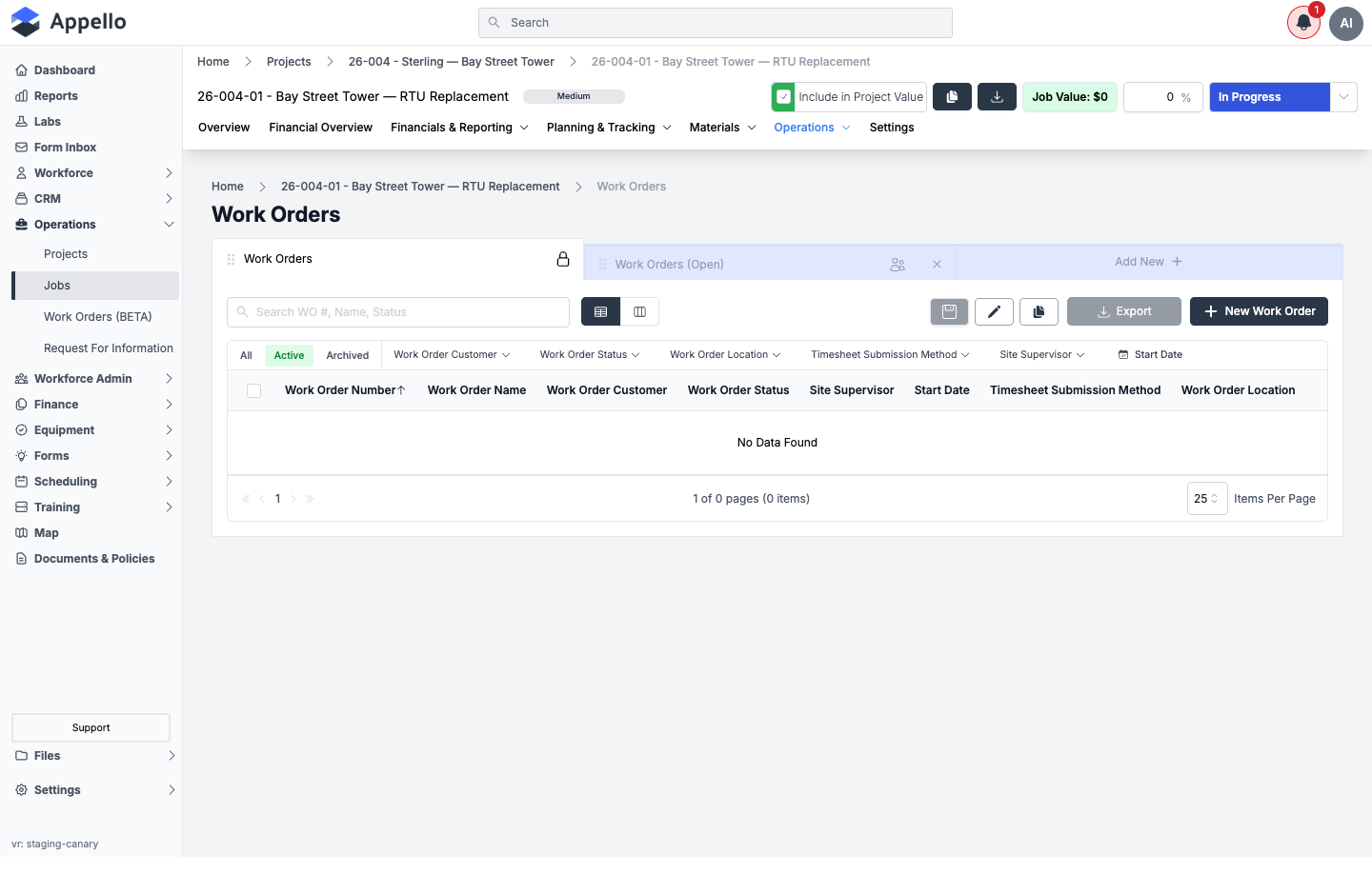 Operations — Work Orders, shown empty on the demo instance
