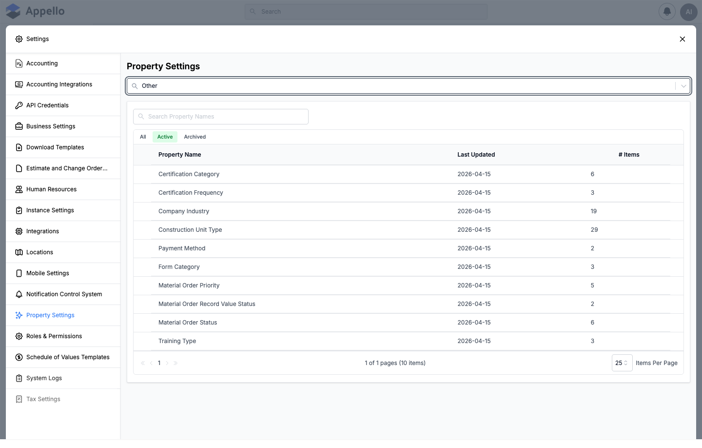 Other tab's Property Values panel listing shared value lists such as Certification Category and Material Order Status