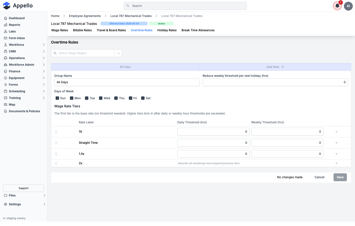 Overtime Rules edit panel for the same agreement, with editable Daily Threshold and Weekly Threshold fields for each wage rate tier