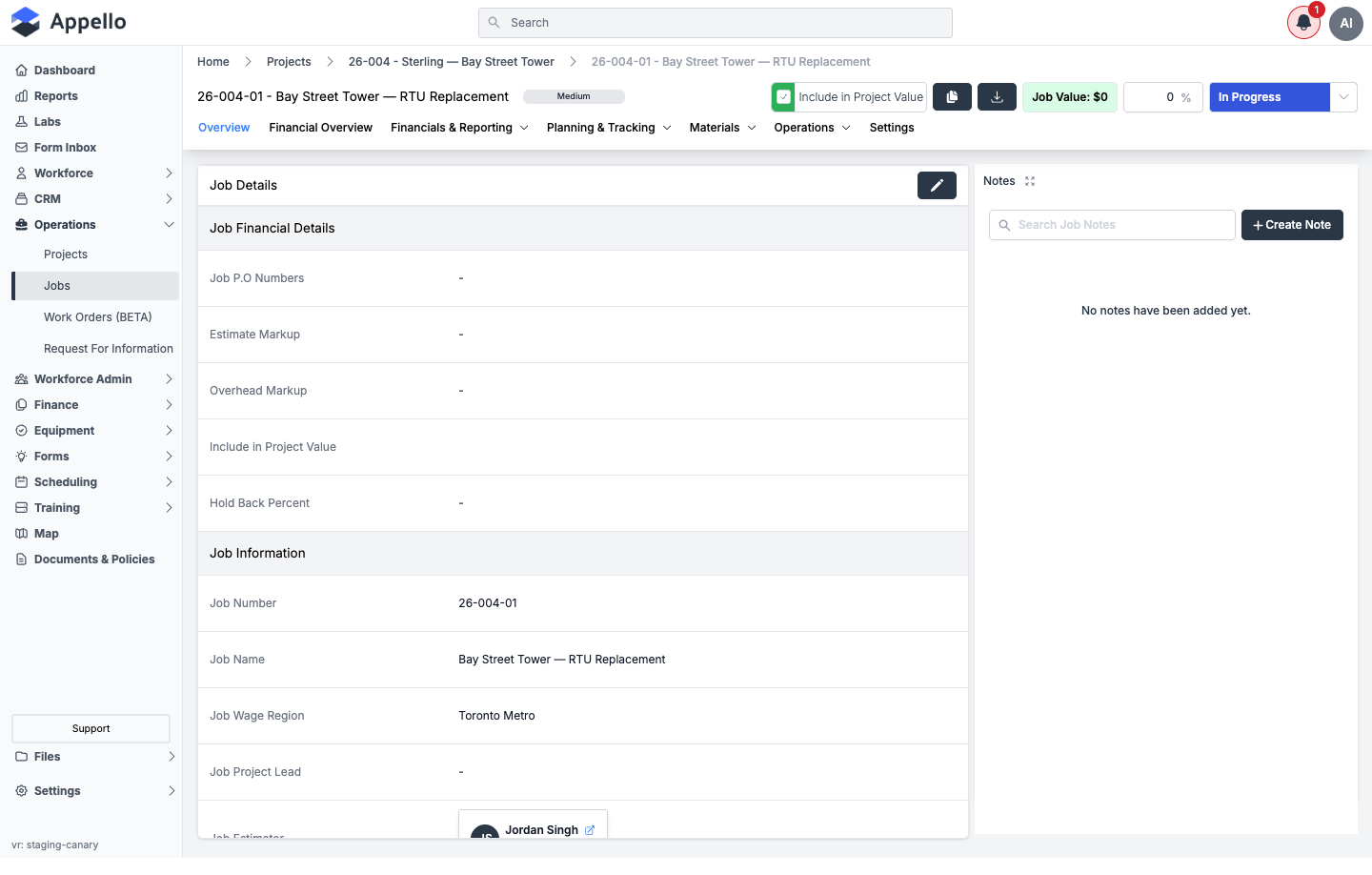 Job Overview tab, with the note feed on the right
