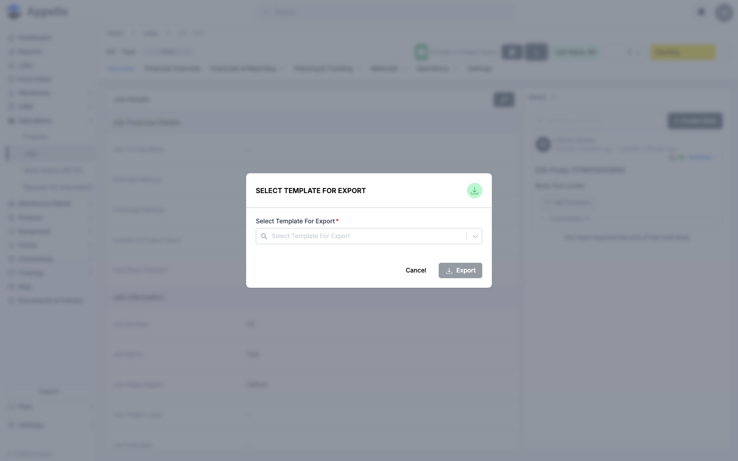 Select Template For Export picker opened from a job's Download icon, with the template dropdown empty and Export disabled until a template is chosen