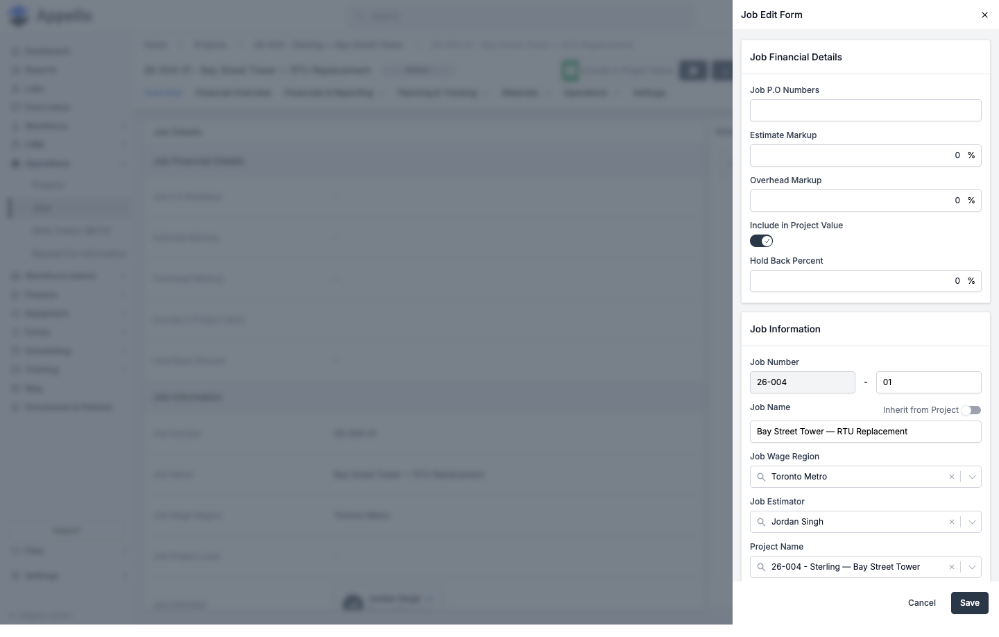 Job Edit Form — financial details and job information