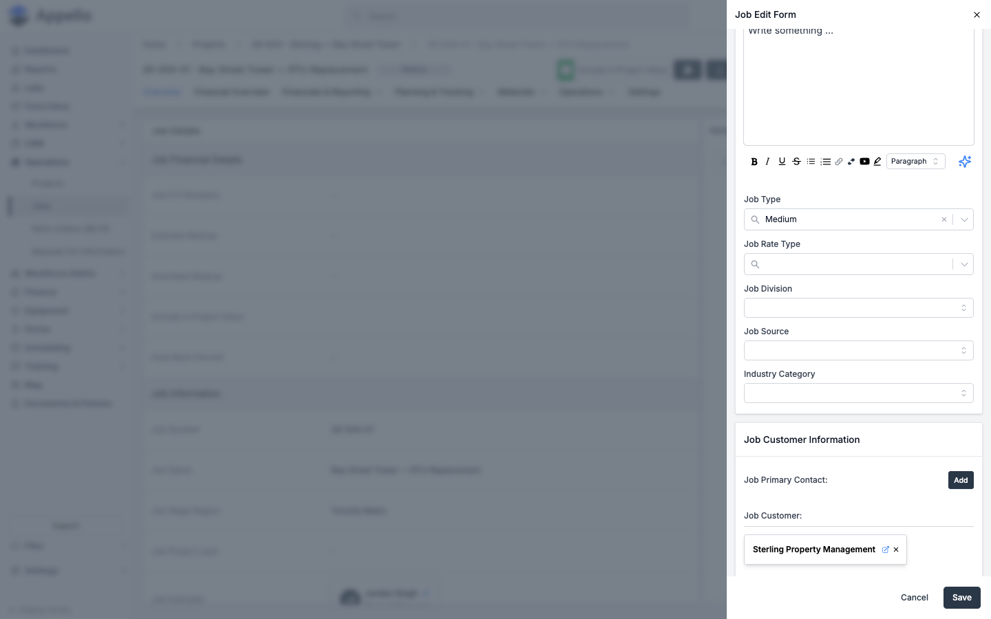 Job Edit Form — description, type, division, and customer