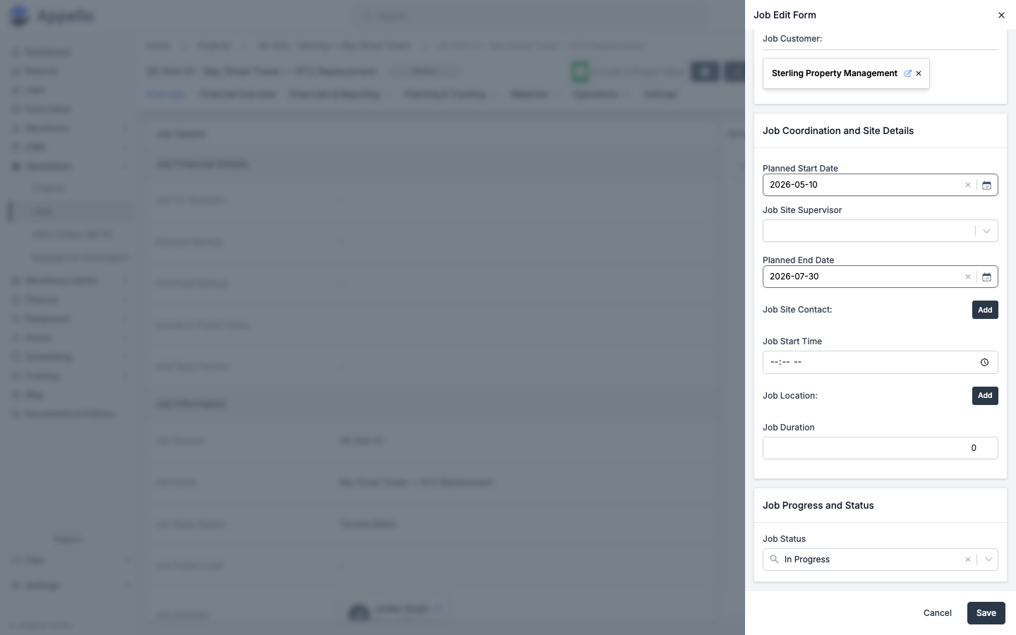 Job Edit Form — coordination, site details, and status