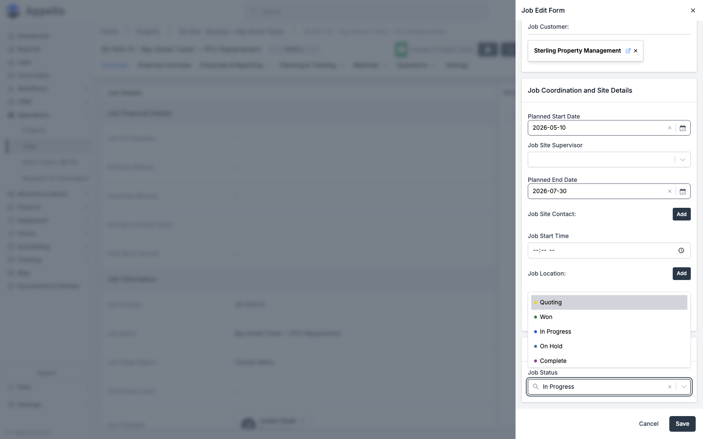 Job Status options — Quoting, Won, In Progress, On Hold, Complete