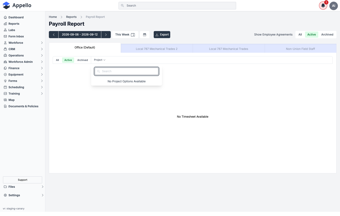 Payroll Report — Project filter dropdown open, no project options available on the demo instance
