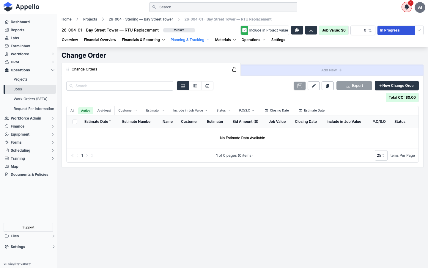 Planning &amp; Tracking — Change Orders, shown empty on the demo instance