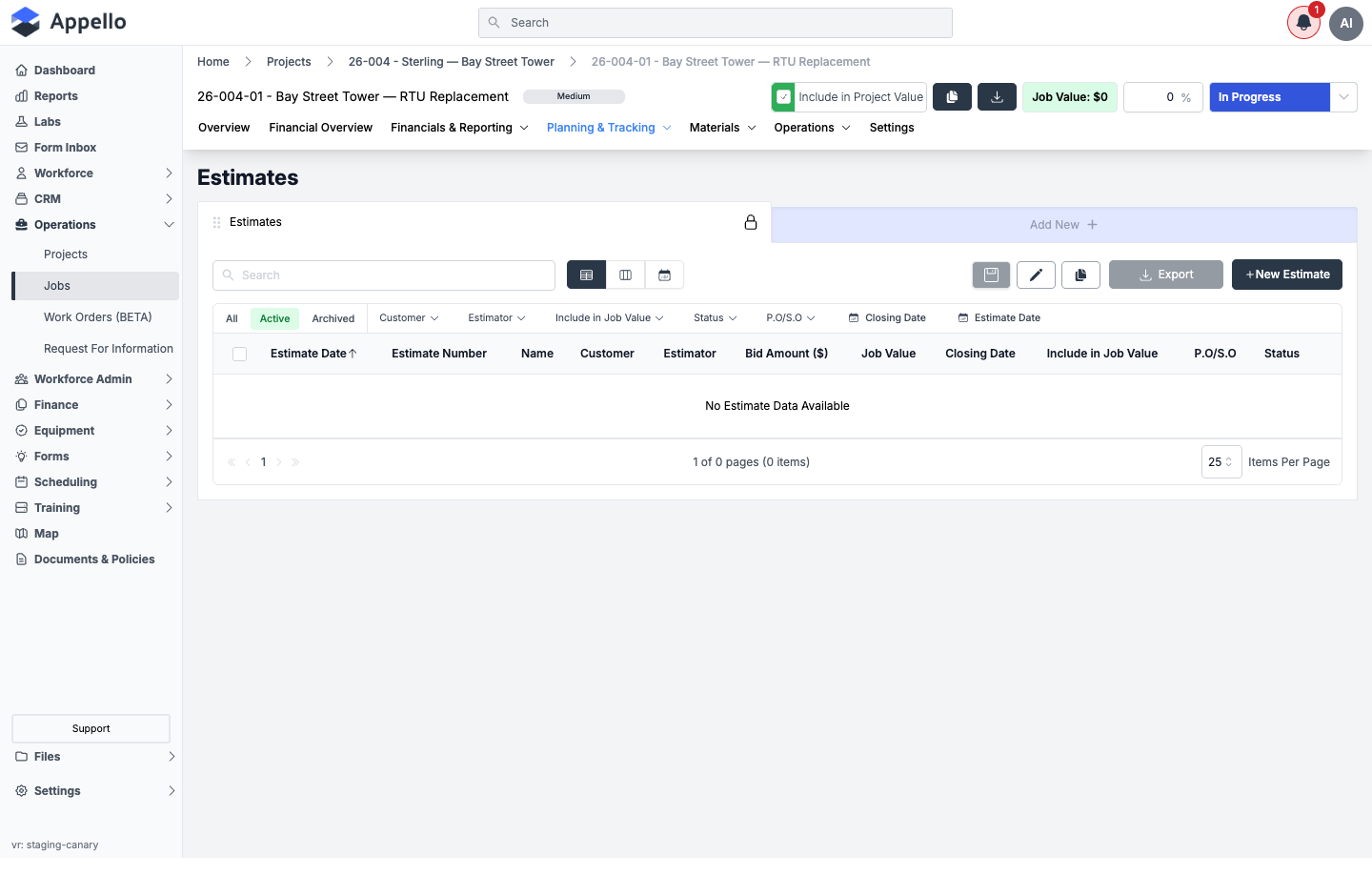 Planning &amp; Tracking — Estimates, shown empty on the demo instance