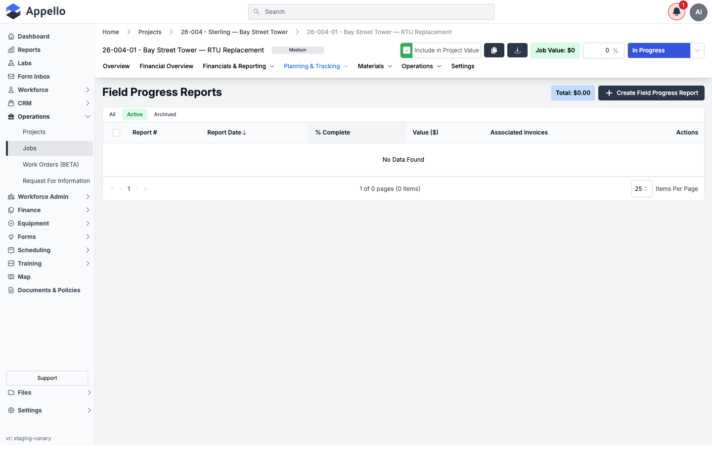 Planning &amp; Tracking — Progress Reports, shown empty on the demo instance