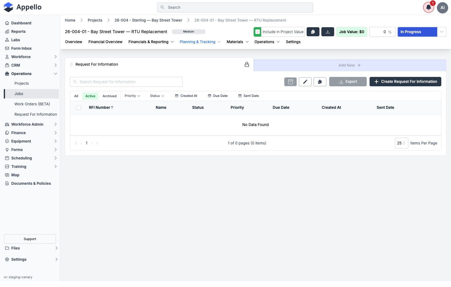 Planning &amp; Tracking — RFIs, shown empty on the demo instance