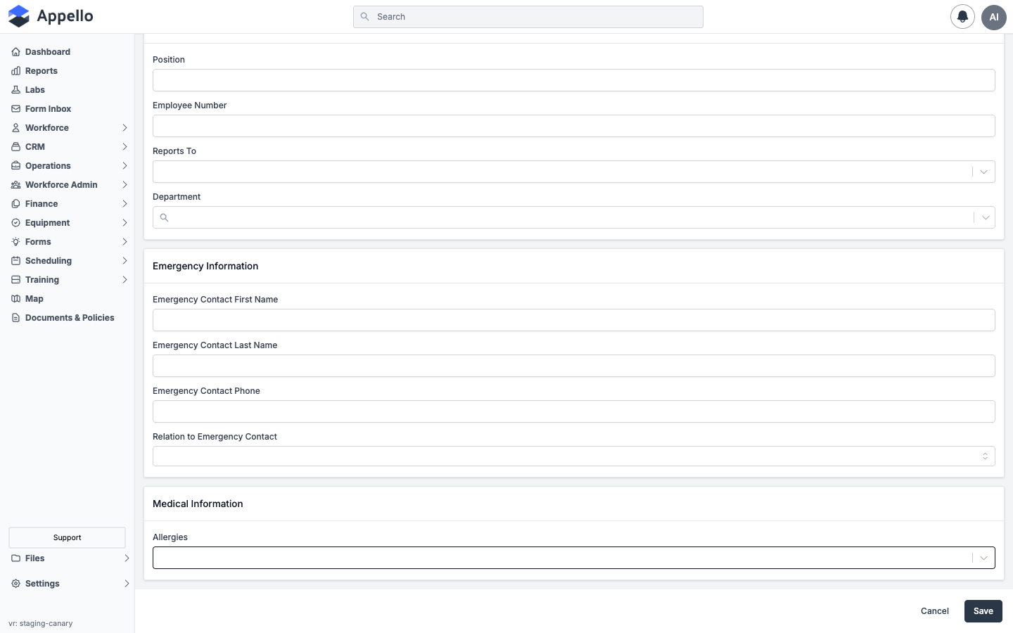 Edit profile page, bottom: Employment Information (Position, Employee Number, Reports To, Department), Emergency Information, and Medical Information, all shown empty