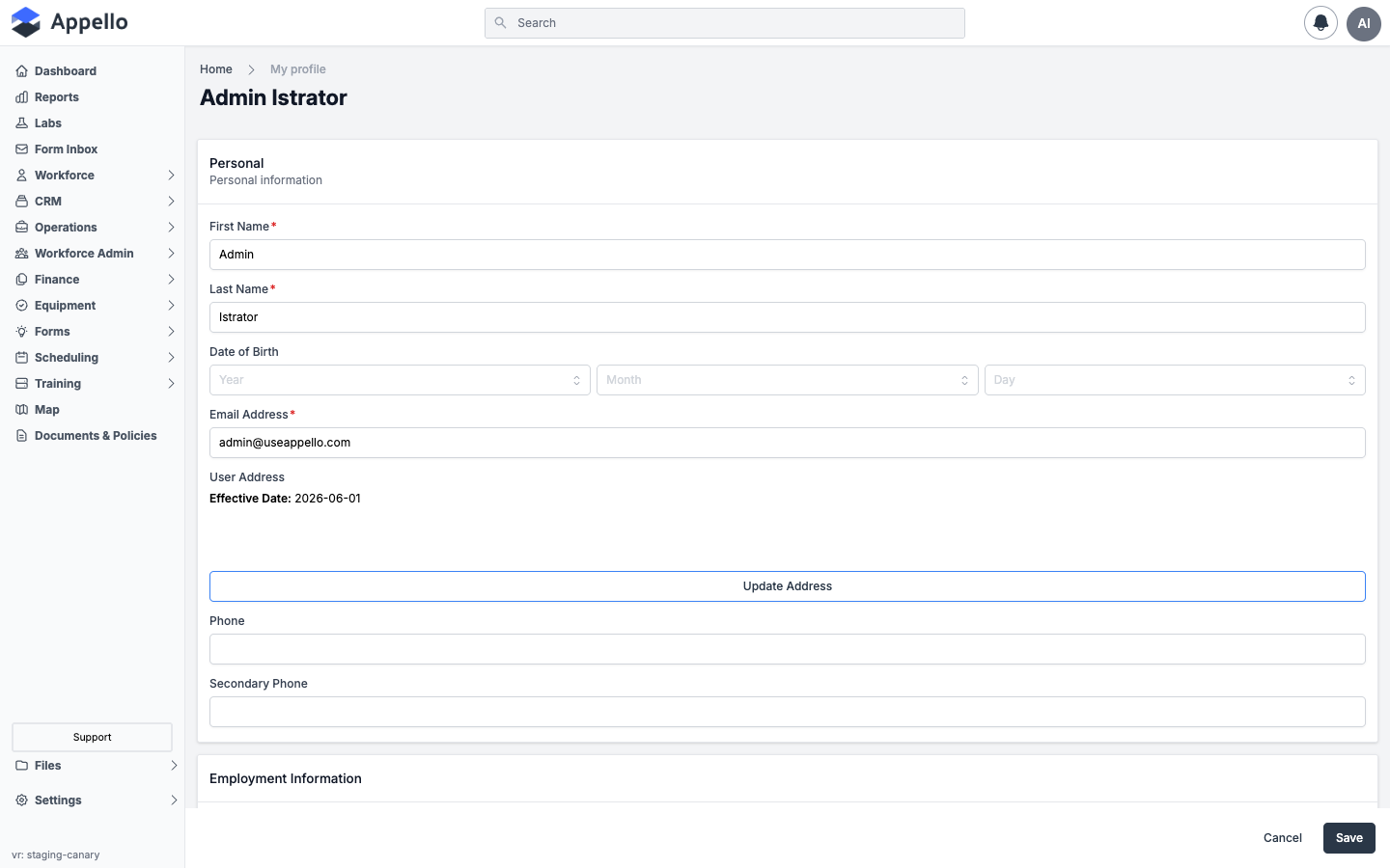 Edit profile page, top: Personal group with First Name, Last Name, Date of Birth, Email Address, User Address summary, Phone, and Secondary Phone all empty except the seeded name/email