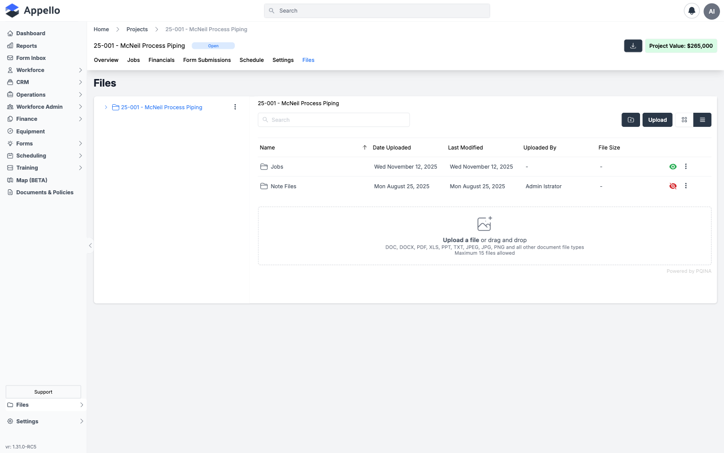 Project Files — file management with folder structure for drawings, photos, and documents