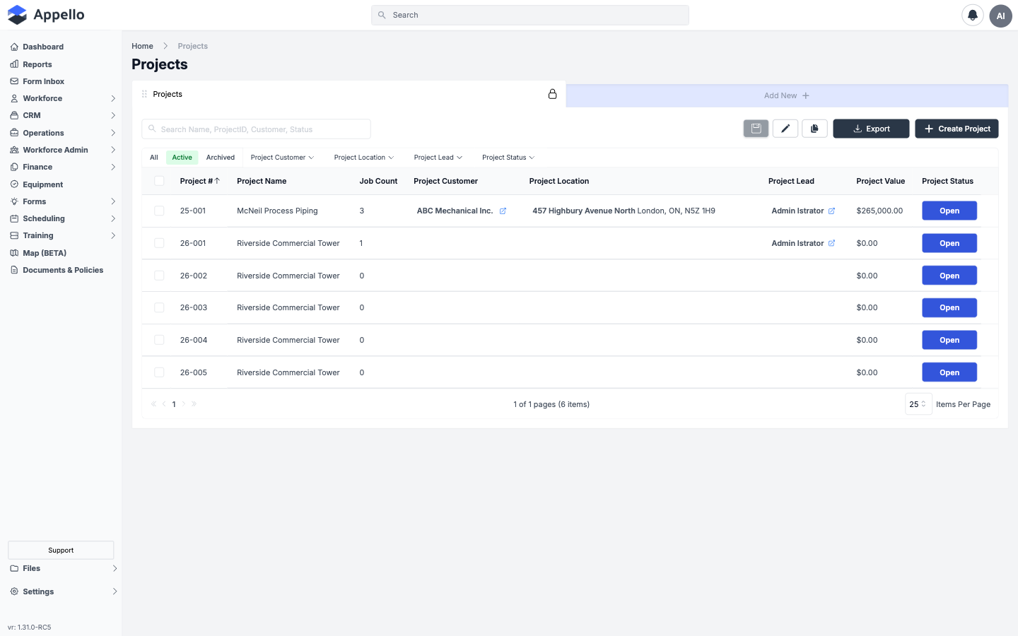 Projects List — table of active projects with status, lead, budget, and progress indicators