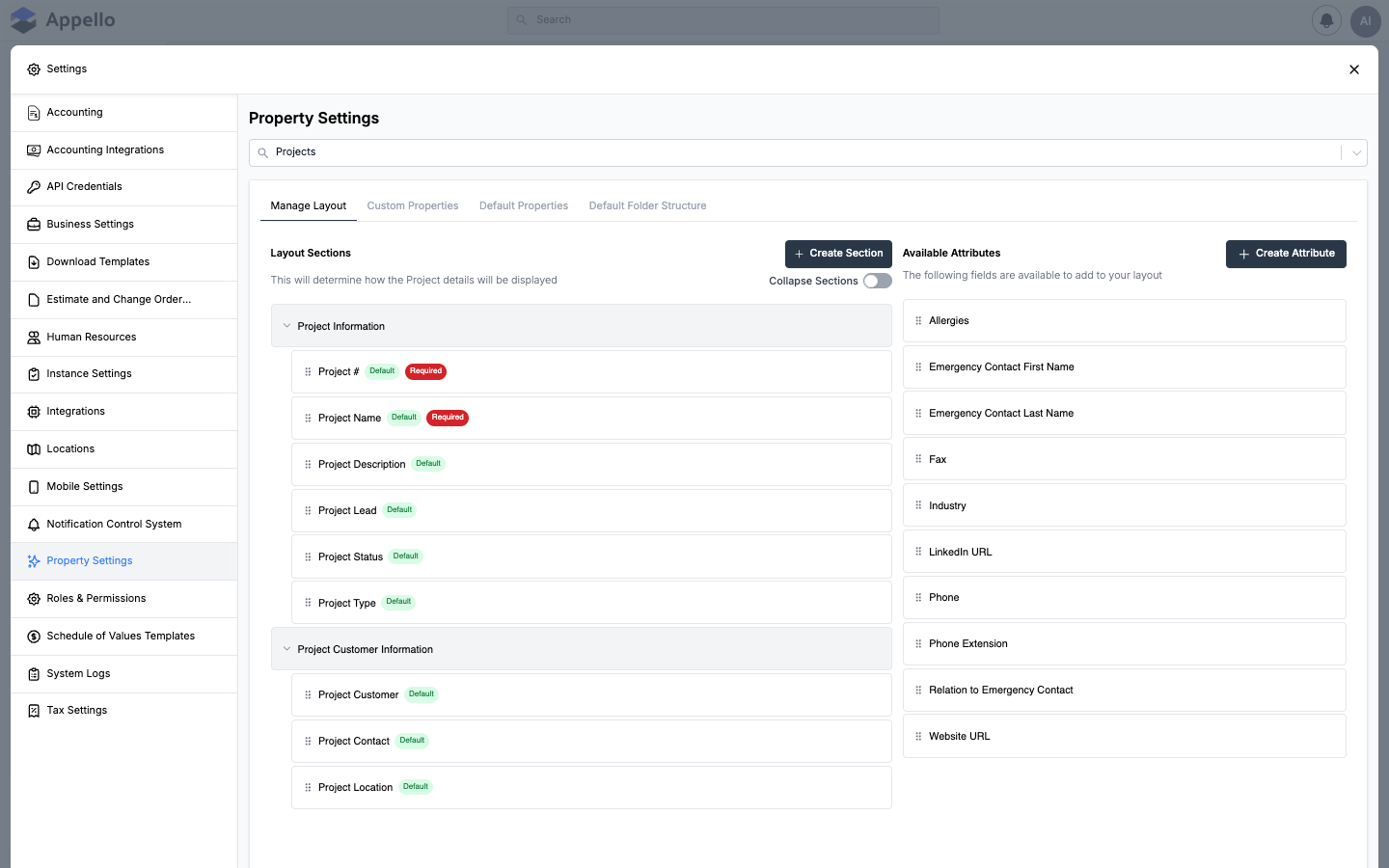 Property Settings — custom fields and metadata configuration for projects, jobs, and users