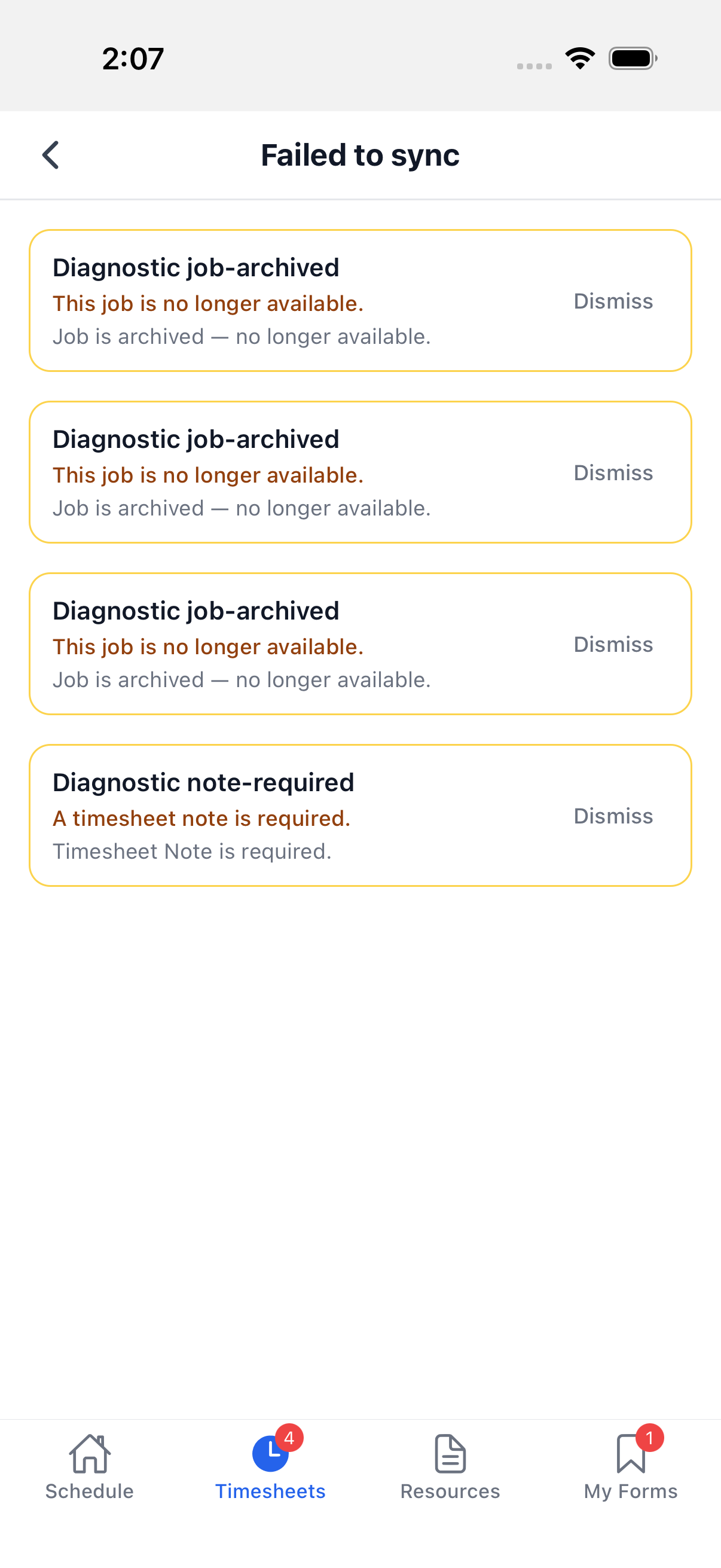The Failed to sync screen, listing local sync-failure entries with their reasons and a Dismiss action