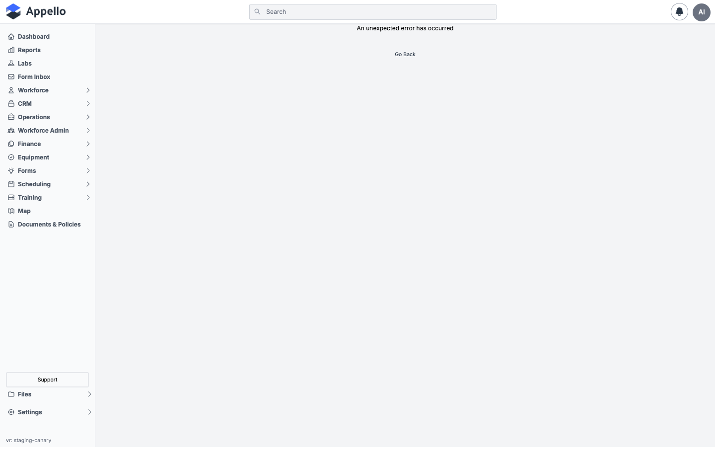 Navigating to a report ID directly shows the app's generic error screen on the demo instance