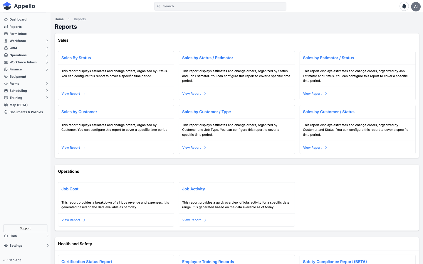 Reports Hub — central dashboard with available report categories and generation options