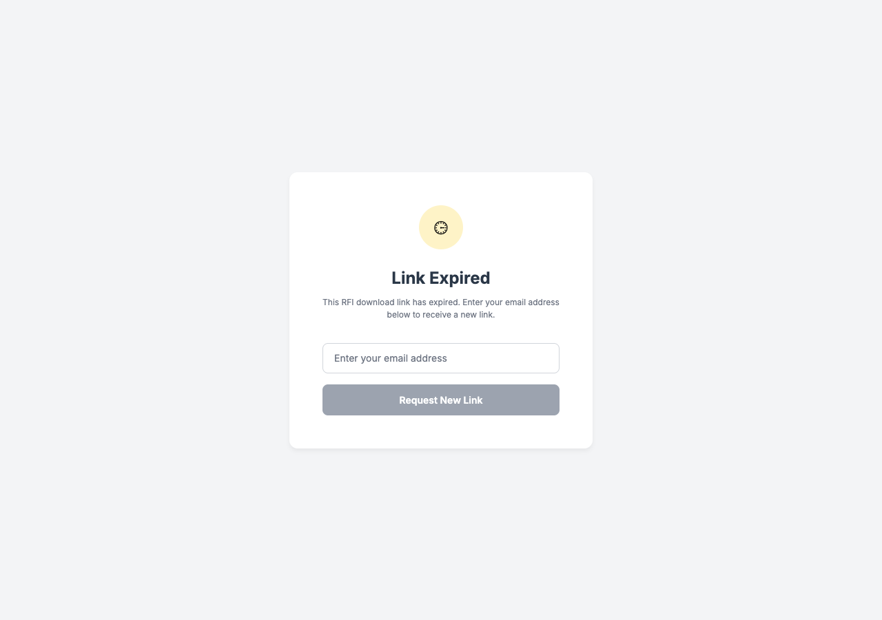 The "Link Expired" card: "This RFI download link has expired. Enter your email address below to receive a new link."