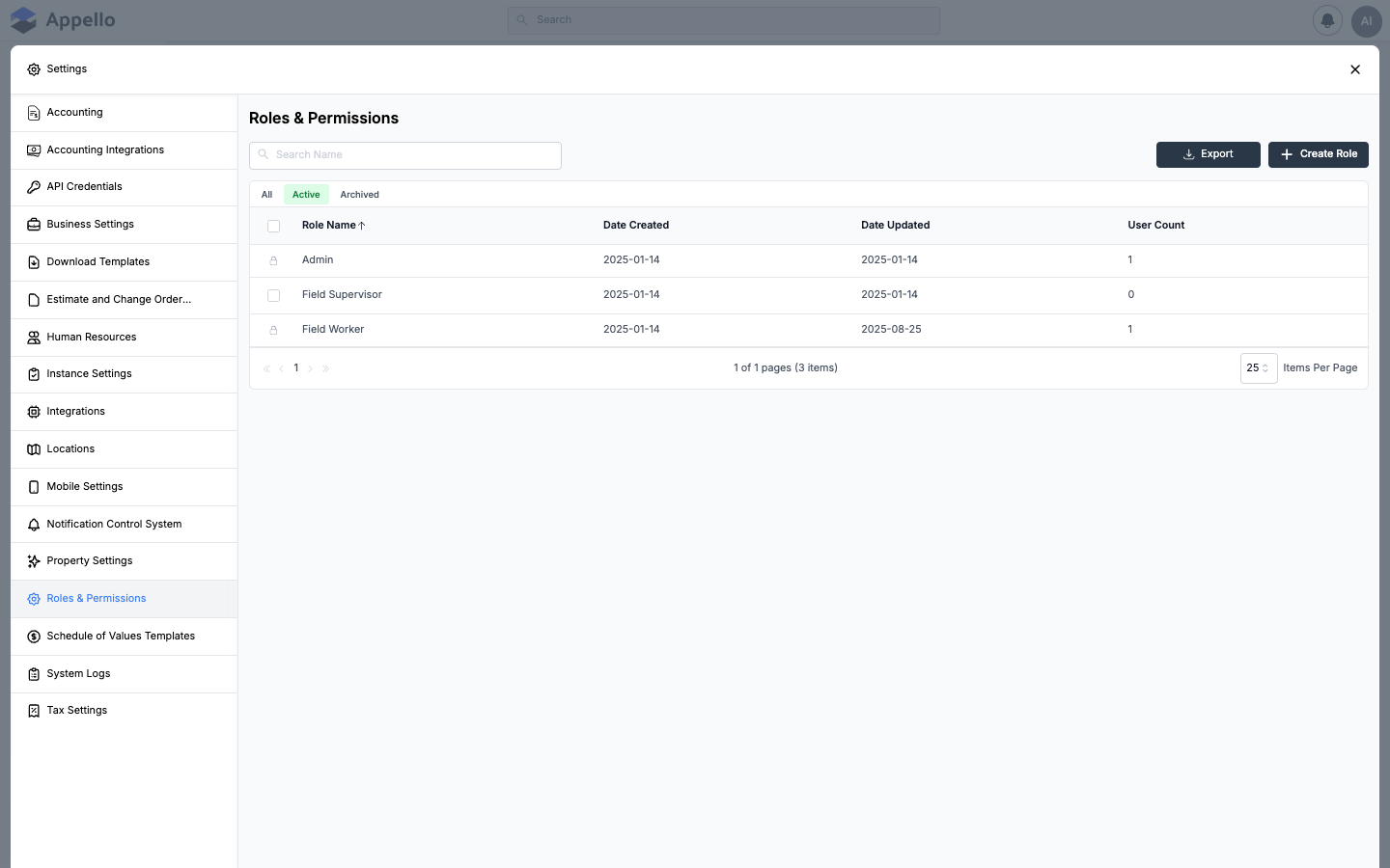 Roles &amp; Permissions — list of user roles with member counts and permission scope