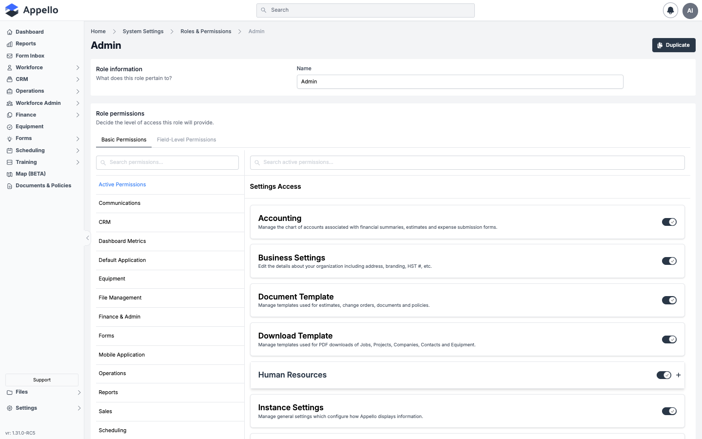 Permission Matrix — granular checkbox grid showing permissions by role across all modules