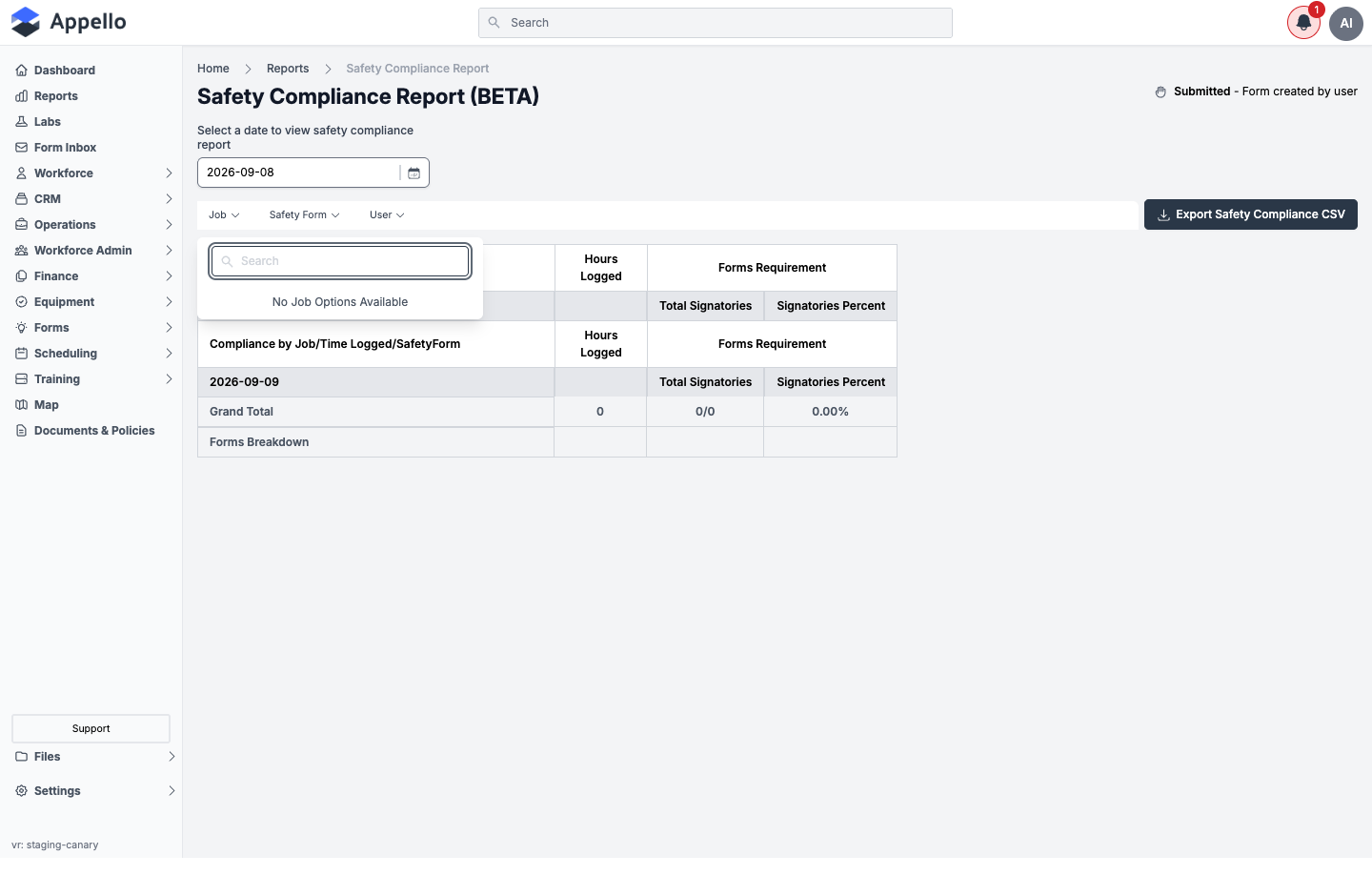 Safety Compliance Report — Job filter dropdown open, showing "No Job Options Available" on the demo instance