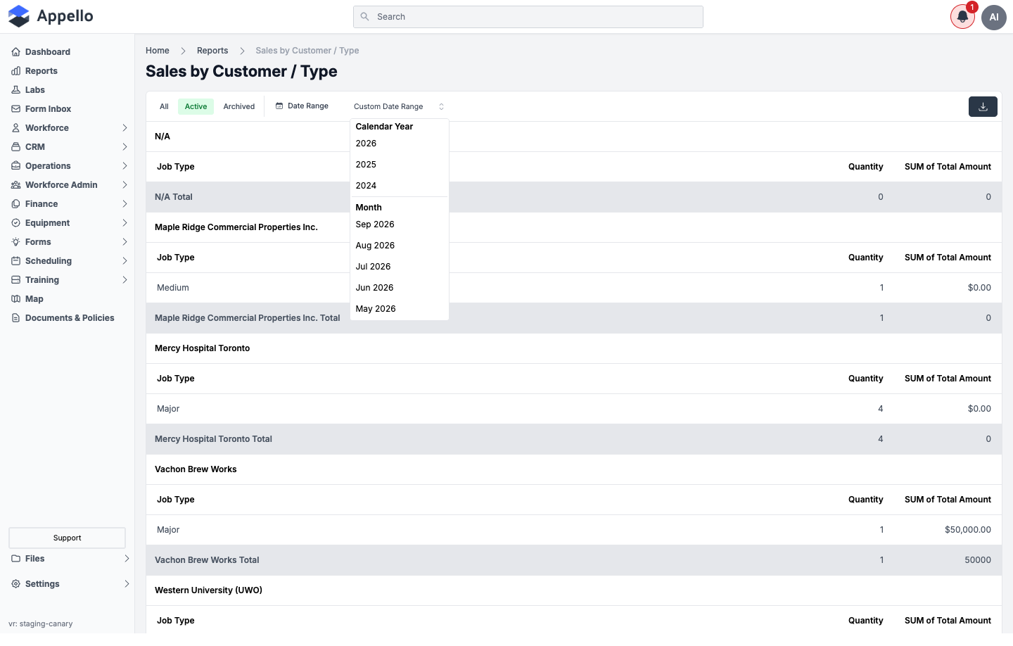 Sales by Customer / Type — Date Range quick-value dropdown open