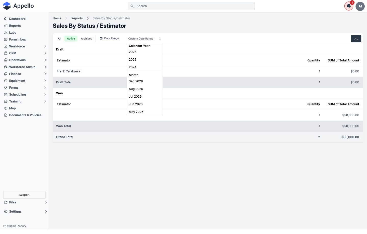 Sales by Status / Estimator — Date Range quick-value dropdown open