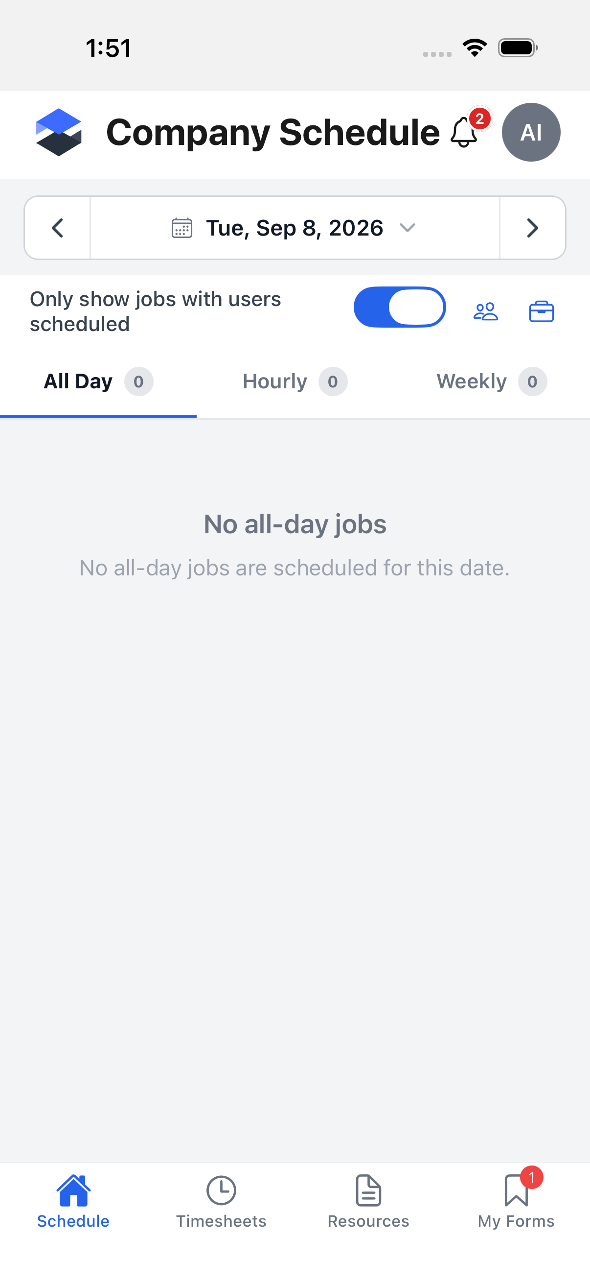 Company Schedule -- the filter row and Weekly tab, with Only Scheduled on