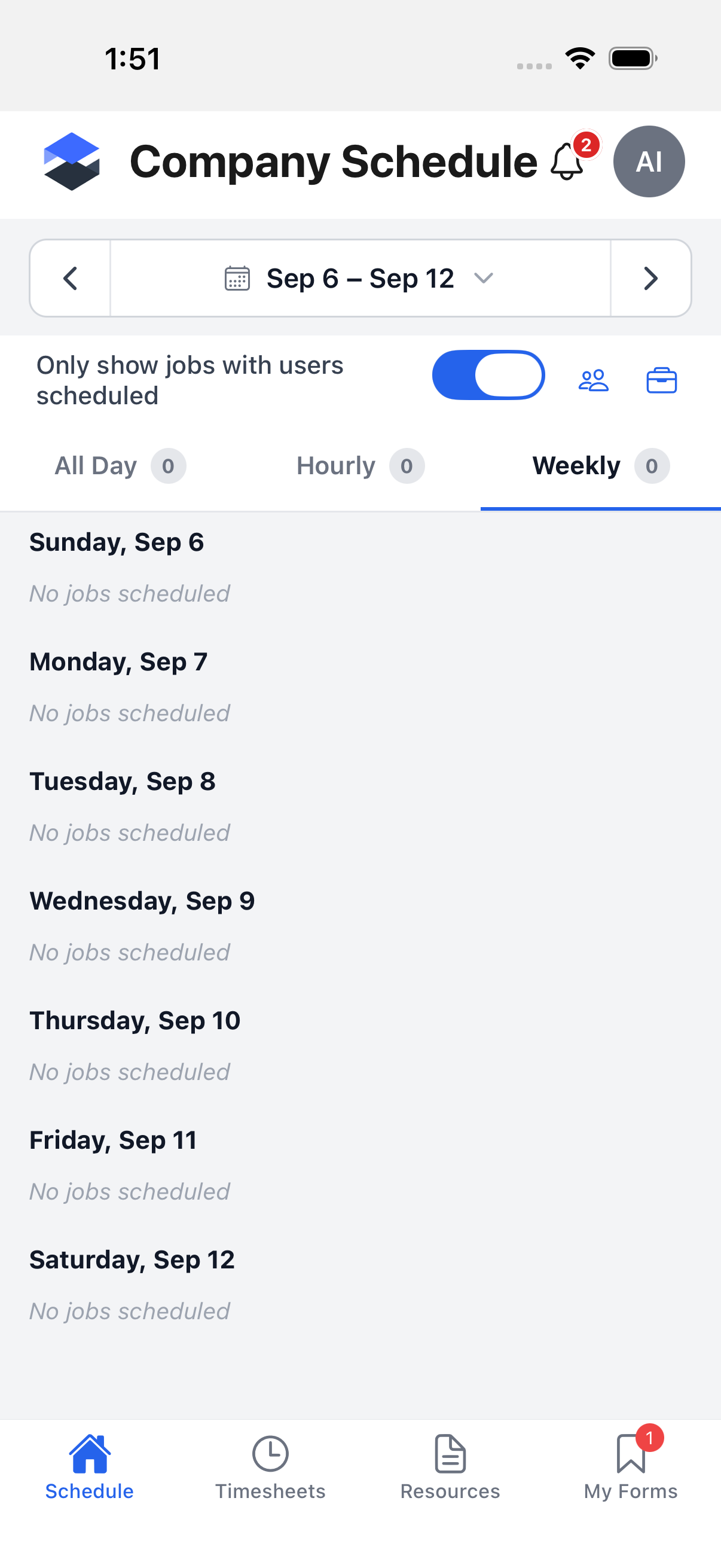 Company Schedule -- Weekly tab, one section per day of the selected week