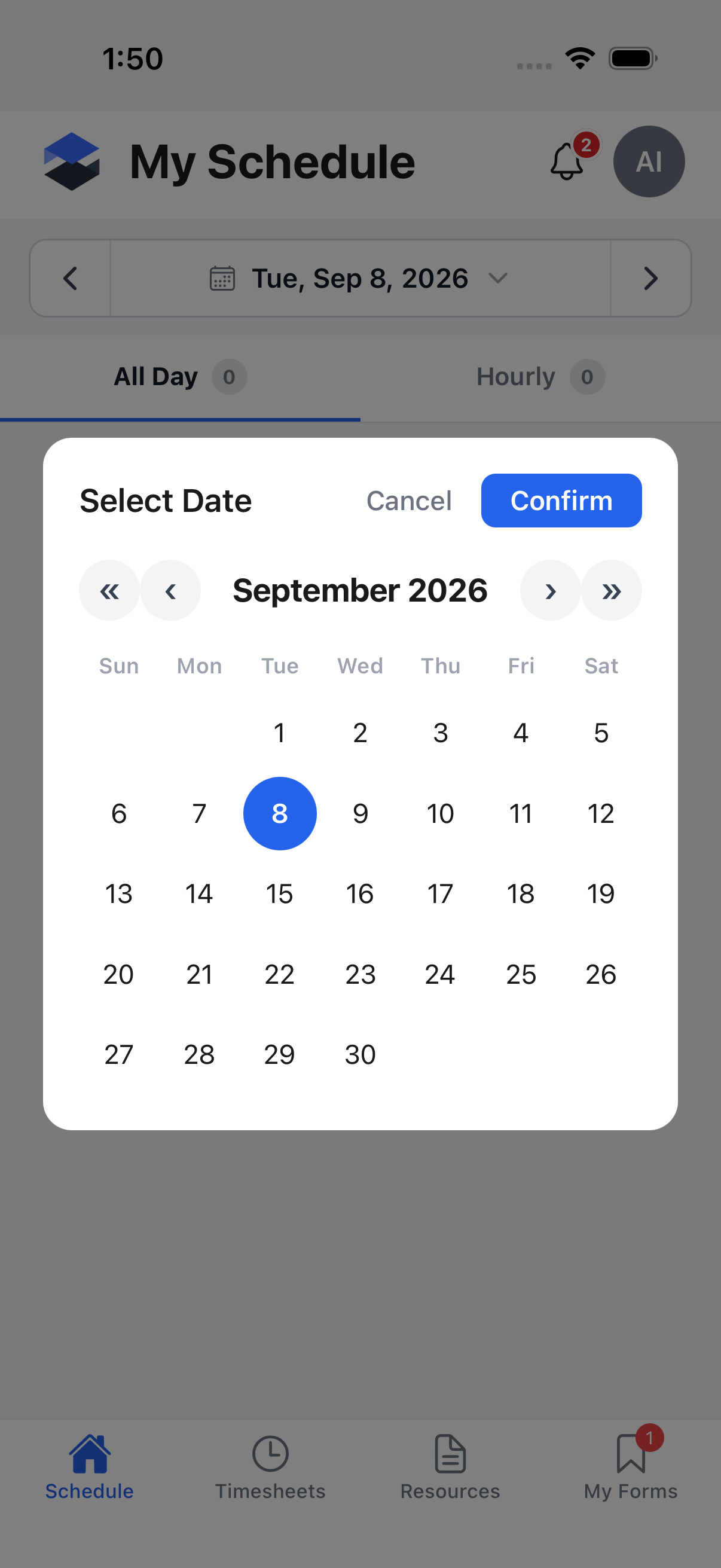 My Schedule -- the month calendar opened from the date display