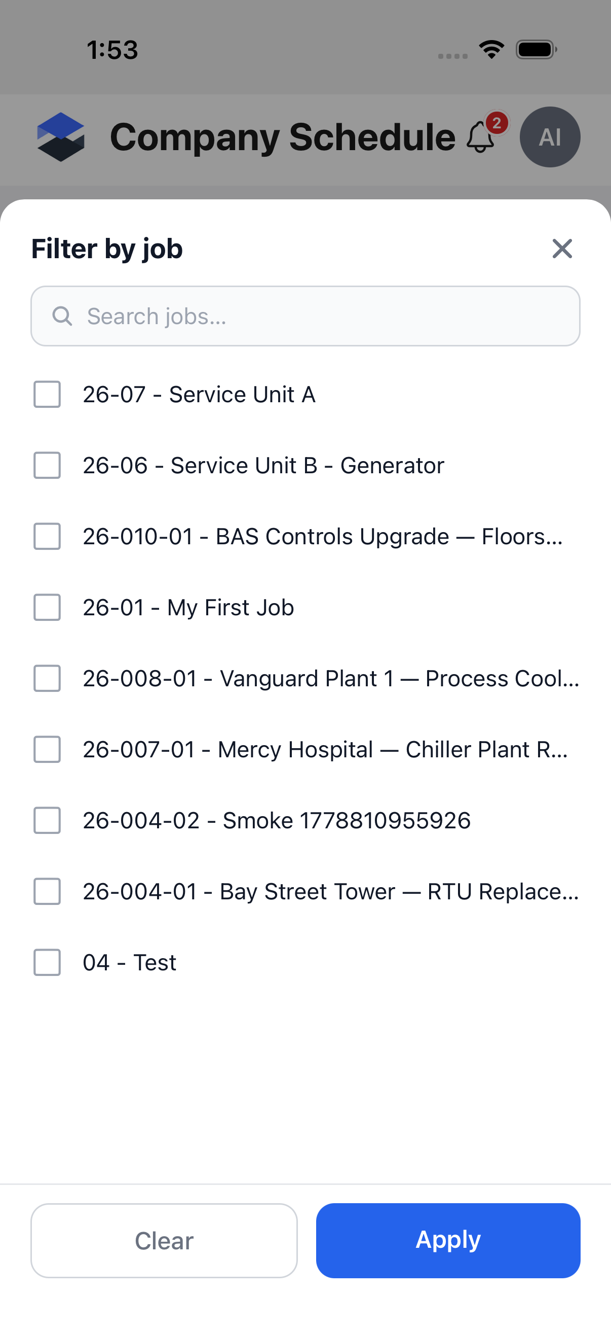 Company Schedule -- Filter by job sheet, listing the company's jobs