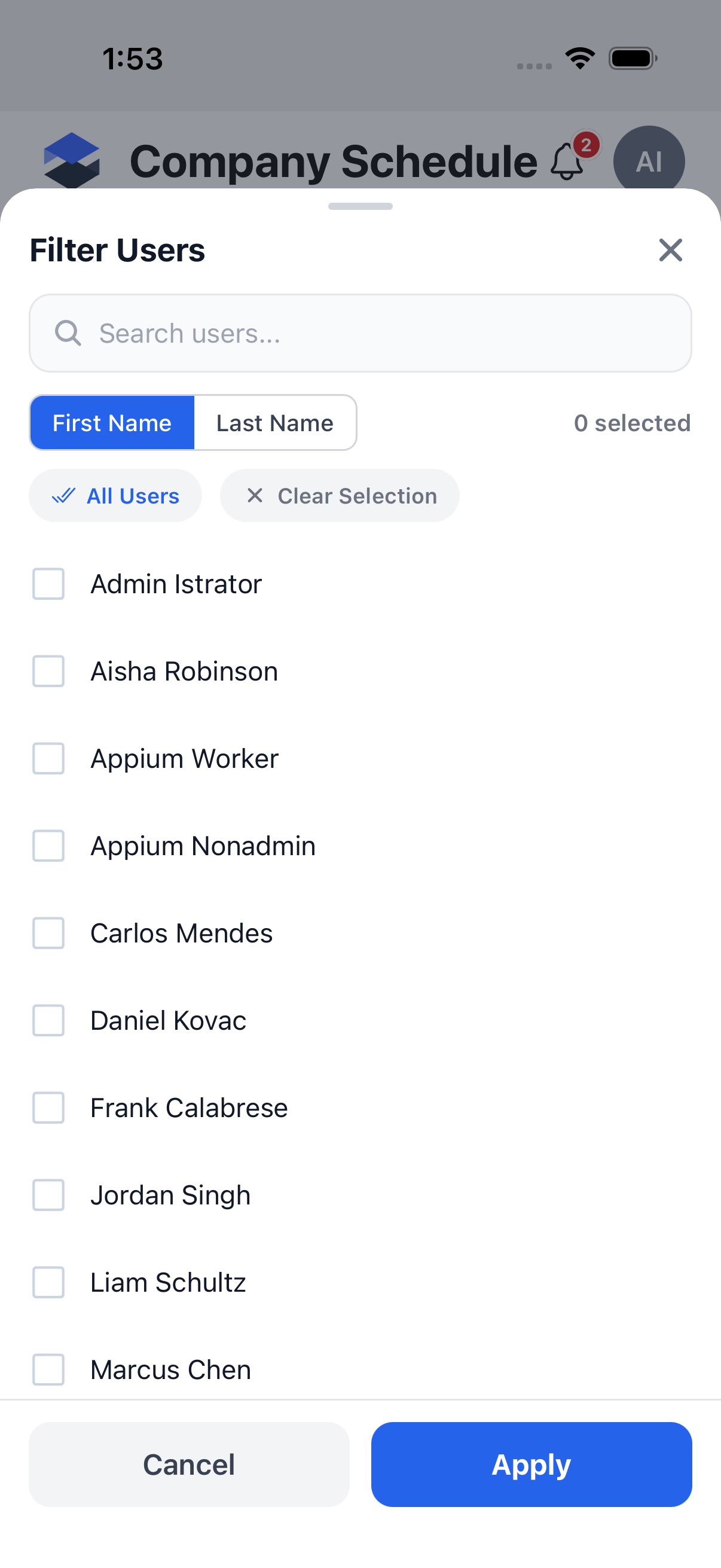 Company Schedule -- Filter Users sheet, with the company roster and a first/last name sort toggle